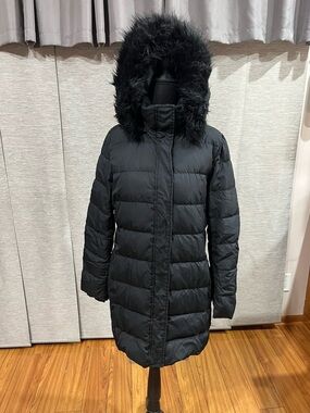 Lands' End Black Hooded Faux-Fur Trim Puffer Coat